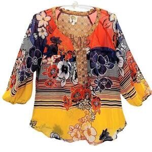 HPAnthropologie Floral Stripe Sheer Long‎ Sleeve Henley Tie Front Blouse